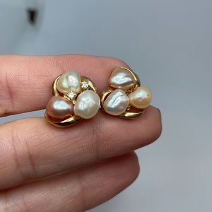 Vintage 14k Gold Natural Pearl Diamond Earrings, with screw post and backs